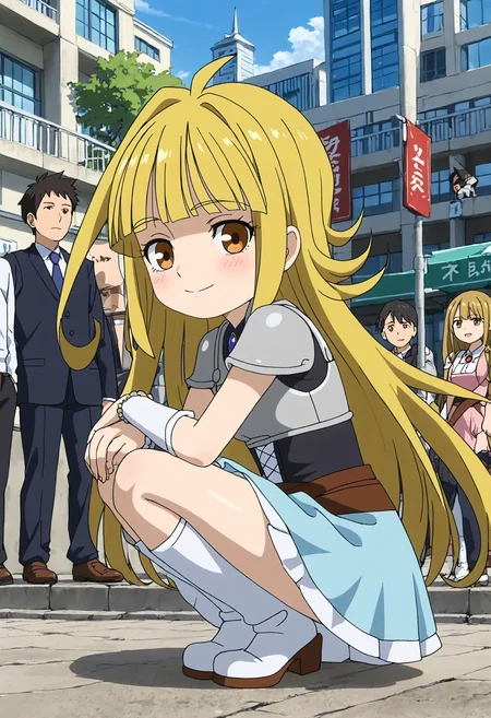 <lora:Hyper-SDXL-8steps-lora:1> <lora:Fixhands_anime_bdsqlsz_V1:1> zPDXL2, score_9, score_8_up, score_7_up, source_anime, intricate details, perfect anatomy BREAK
outdoors, city, tokyo, japan, audience, crowd, squatting, hugging own legs, looking at viewer, from side, Curious, Chin tilted up slightly, eyes wide open, and a slight smile., 1girl, solo, solo focus,
<lora:driland-mikoto_XL(pony)v10:1> (chibi:0.6), driland-mikoto, blonde hair, long hair, brown eyes, driland-mikoto outfit, armored dress, breastplate, detached sleeves, blue skirt, white boots,