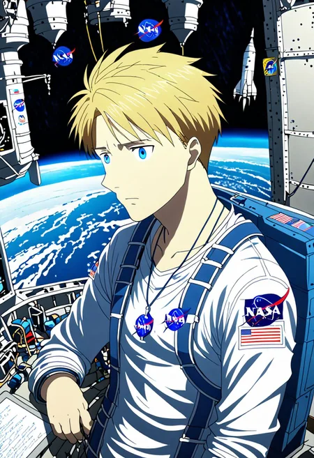 high resolution, solo, best quality, 1Boy, Yamato Ishida, Blond Hair, Blue Eyes, Necklace, documentary, Rocket Engineer, Nasa, OverallDetail