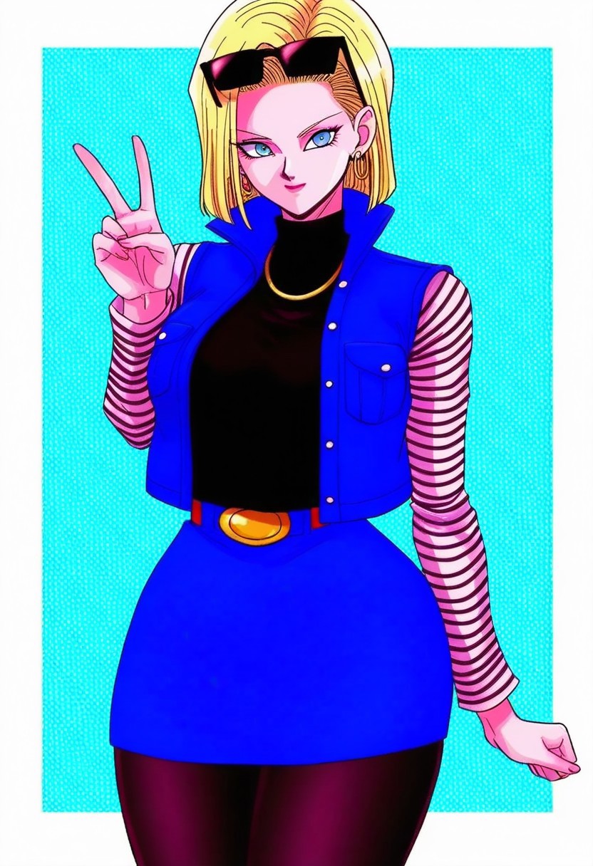 masterpiece, best quality, amazing quality, high resolution, absurdres, highly detailed, R0k00Bl0ckB0ckgr00ndHD, android_18, blonde hair, short hair, blue eyes, earrings, necklace, makeup, black shirt, long white striped sleeveless, blue vest, blue skirt, pantyhose, boots, breasts, curvy, v, sunglasses on head,