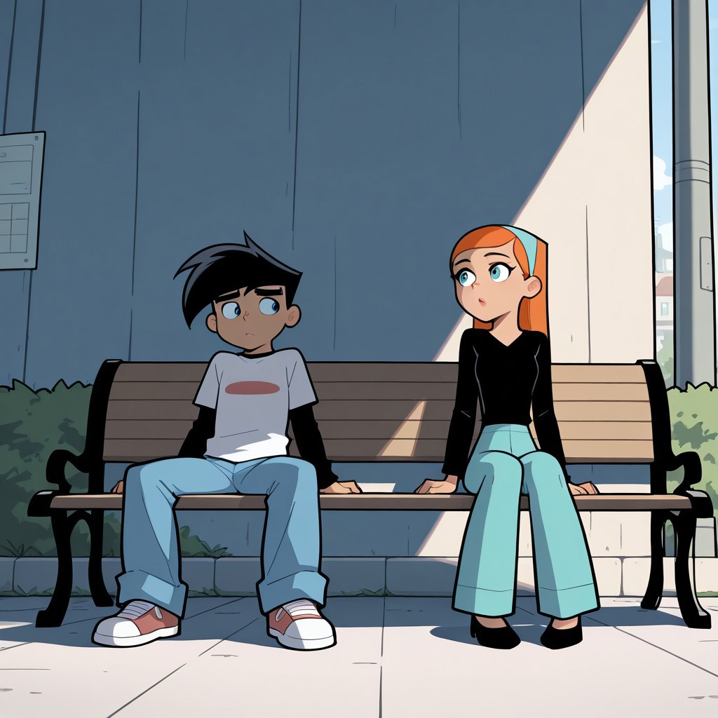 best quality, masterpiece, break, danjaz, (1boy, danny, black hair), (1girl, jazz, orange hair),  sitting, bench, outdoors