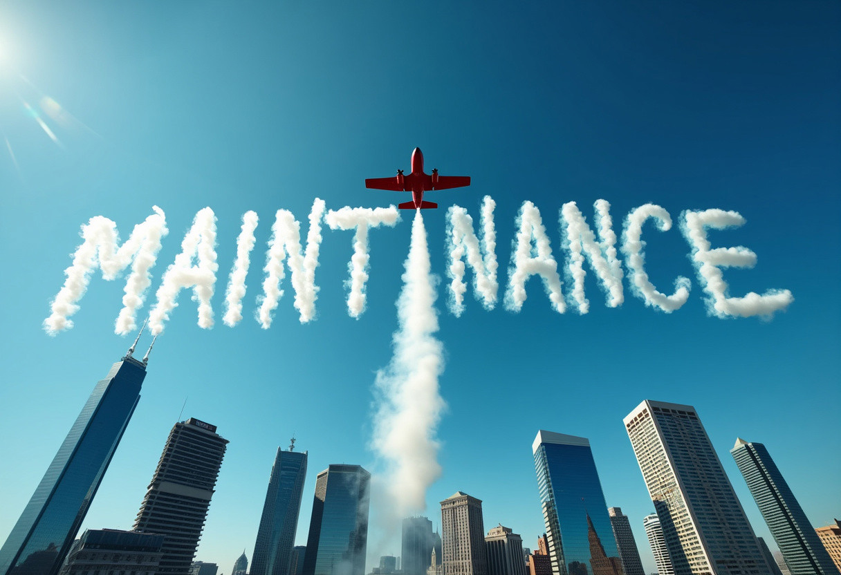 stunt plane flying through clear blue sky, urban skyline with modern skyscrapers, stunt plane has drawn in the sky with vapor words that spell "MAINTENANCE"