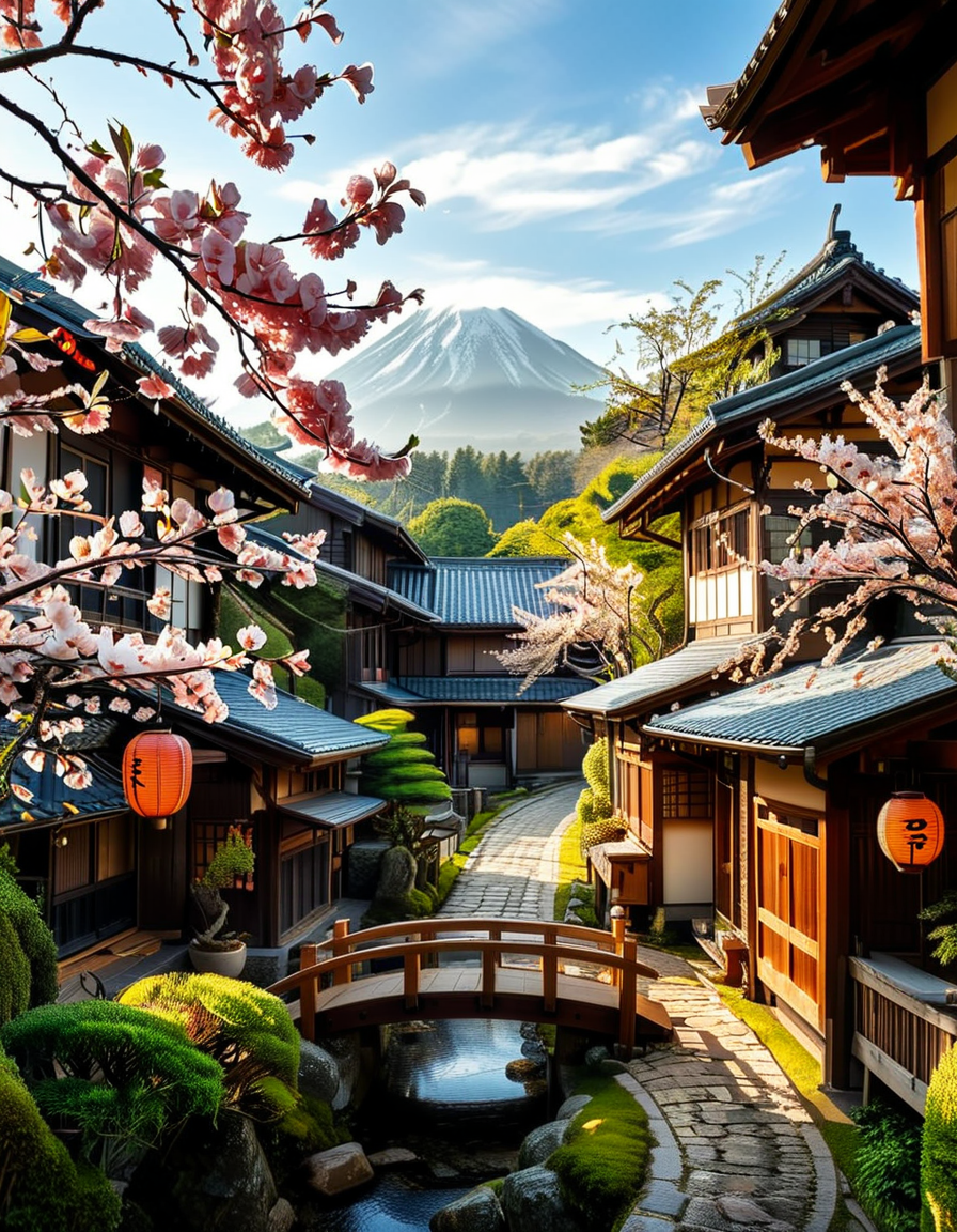 A picturesque traditional Japanese village nestled in a serene valley, surrounded by lush green mountains under a soft morning mist. The village consists of wooden houses with thatched roofs (gassho-zukuri style), showcasing intricate wooden details and sliding paper doors. A narrow stone-paved path winds through the village, leading to a small red torii gate at the entrance of a Shinto shrine. Cherry blossoms in full bloom line the streets, their pink petals gently falling in the breeze. A tranquil river flows through the village, crossed by an old wooden bridge with moss-covered stones. Villagers in traditional kimonos and straw hats go about their daily livesâan elderly man sweeping his porch, a woman carrying a basket of fresh produce, and children playing near a koi pond. The atmosphere is peaceful and nostalgic, with warm sunlight filtering through the trees, casting dappled shadows on the ground. The scene is rich in traditional Japanese aesthetics, evoking a sense of harmony and timeless beauty.
<lora:SDXLFaeTastic2400:0.4> <lora:extremely_detailed:0.4> extremely detailed,<lora:traditional_Japanese_v1ll4g3:1>,traditional Japanese v1ll4g3, Masterpiece,best quality,hi res,8k,hi res,8k,award winning,(sharp focus, intricate, highly detailed),
