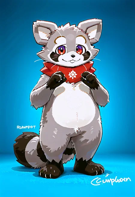 zuppu11, full body, solo, furry, score_9, score_8_up, look at viewer, male focus, no humans, furry male, flux-style, detailed eyes, rambley raccoon