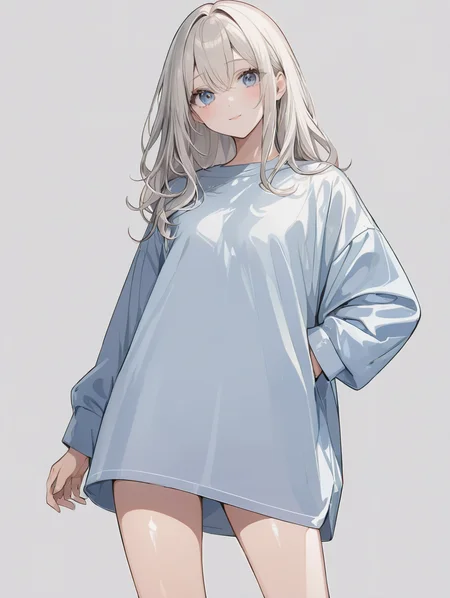 masterpiece,ultra-detailed,best quality,8K,illustration,cute face,clean skin ,shiny hair,girl,ultra-detailed-eyes,simple background, <lora:add-detail-xl:1> <lora:oversized shirt_XL_V1.0:0.7> oversized shirt,thighs