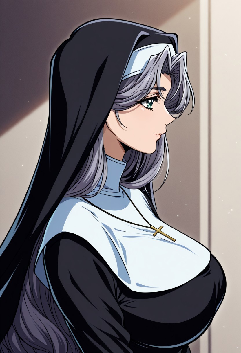 masterpiece, best quality, newest, highres, uncensored, 1girl, yokota mamoru style,1girl,
Kate Andou,Grey Hair, Waist Length Hair,long Hair, Wavy Hair,Green Eyes,Big Breast Sizes, 
1girl, solo, profile, nun, habit, from side, closed mouth, long sleeves, black hair