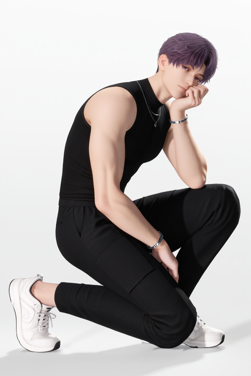 <lora:rafayel-IL-000008c:0.9>,Rafayel, 1boy, male focus, solo, short hair, looking at viewer, shirt, jewelry, necklace, pants, from side, black pants, black shirt, full body, sleeveless, hand on own chin, shoes, sleeveless shirt, bracelet, head resting, sneakers, on one knee, white footwear, purple hair ,  bara,male focus,very awa,masterpiece,best quality,amazing quality,nsfw,uncersored,highres,best quality,amazing quality,best aesthetic,absurdres,