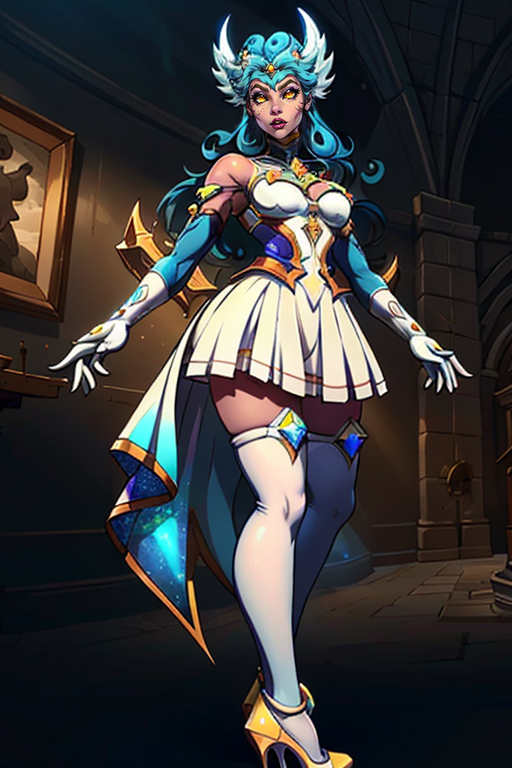 masterpiece,best quality,extreme detail,8k,image sharpness,<lora:lilith-10:0.8> lilith2, 1girl, solo, long hair, breasts, bangs, skirt, thighhighs, gloves, dress, bare shoulders, medium breasts, blue hair, full body, yellow eyes, elbow gloves, indoors, white gloves, high heels, white thighhighs, zettai ryouiki, star guardian (league of legends)