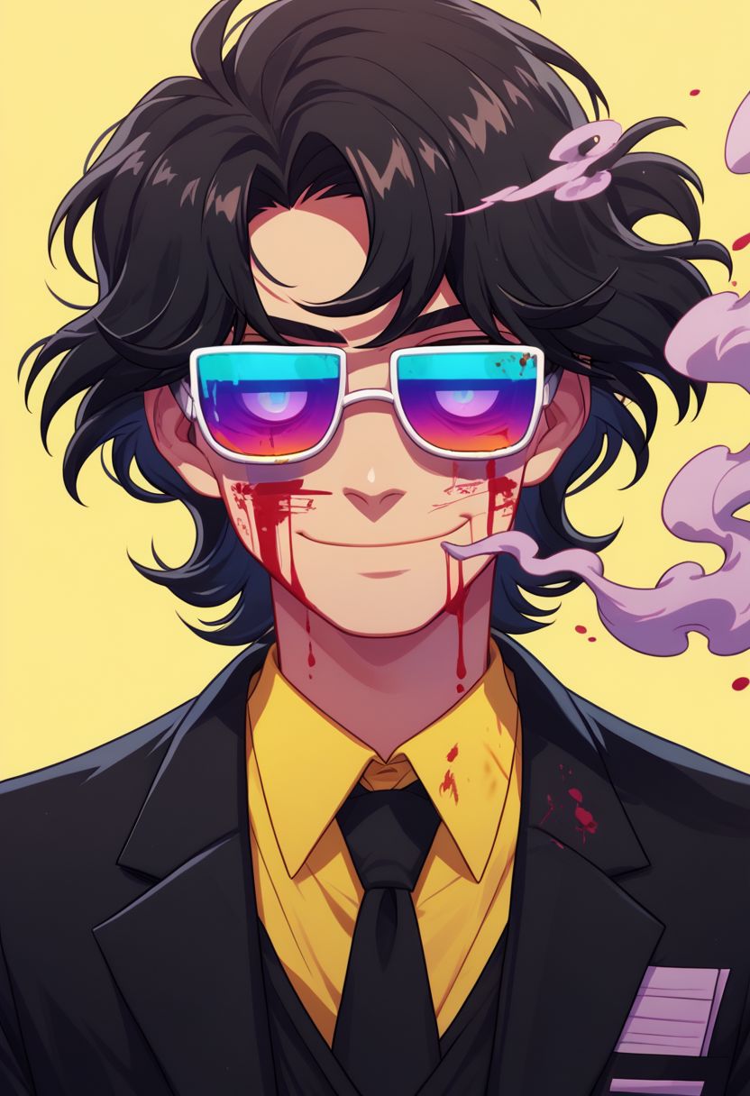 did vaporwave style, 1boy, male focus, solo, blood, sunglasses, black hair, necktie, shirt, blood on face, smile, yellow shirt, collared shirt, yellow background, jacket, simple background, upper body, formal, looking at viewer, suit, black jacket, tinted eyewear, closed mouth, melting, portrait, vapor, smoke, glitch,  horror (theme),  glowing,  zPDXL2