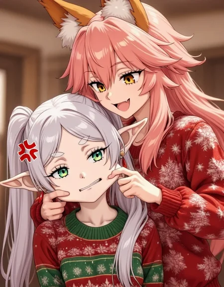 <lora:illustriousXLv01_stabilizer_v1.165c:0.8>2girls,tamamo \(fate\),fox ears,pink hair,smile,yellow eyes,frieren,white hair,green eyes,anger vein,upper body,open mouth,Christmas sweater,cheek pull,indoors,masterpiece,