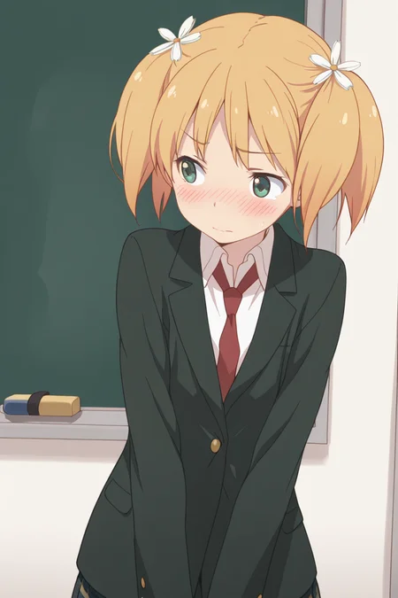 masterpiece, best quality, amazing quality,
<lora:Yuu_IL:1> yuu, 1girl, hair flower, flower, hair ornament, solo, twintails, necktie, blonde hair, blush, green eyes, school uniform, suit, formal, blazer