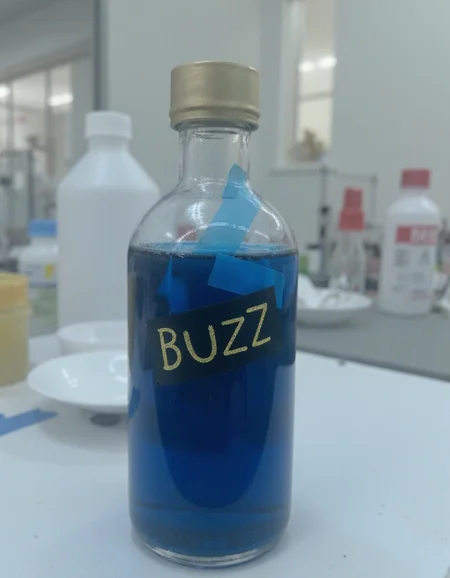 8n8log, cold photo, lab table, laboratory in the background, vial of blue dark liquid, bottle is signed with yellow-gold text "BUZZ" taped to the vial.
<lora:GrainScape_UltraReal_v2:1>
