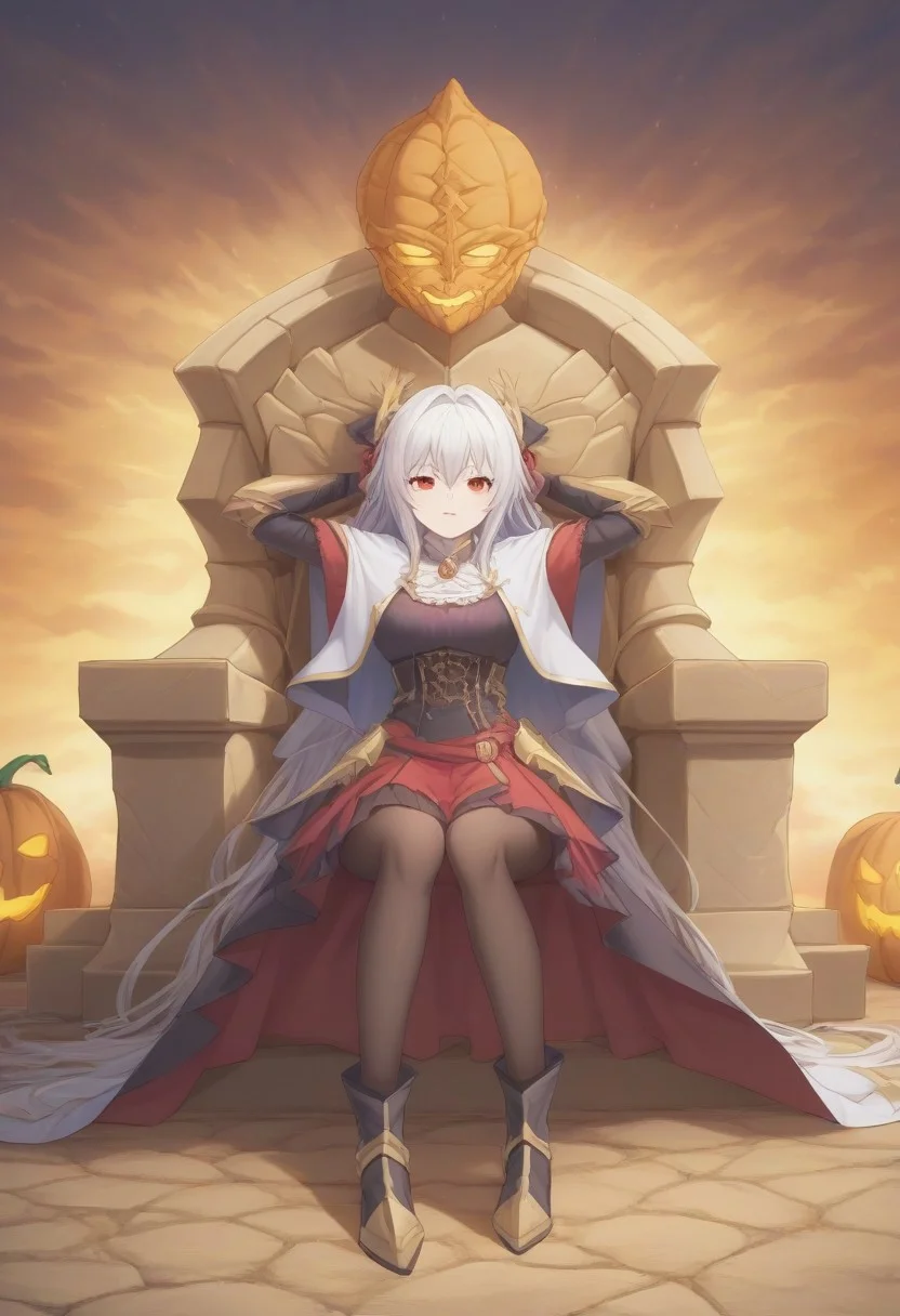 A surreal journey through a kaleidoscopic dreamscape, where vibrant paint splatters come alive, swirling around a mesmerizing golden eye that holds secrets of another dimension. (masterpiece, best quality, absurdness, 4k, aesthetic, detailed, intricate, perfect lighting) cinematic angle, 1sologirl, sitting on throne, elbow rest, castle interior, cape, BIG TWIN belt, armor, cloak, red gloves gauntlets, Orange crown, red eyes, white haired anime girl, with wavy hair, pale skin, On her face she had a pumpkin mask, orange porcelain pumpkin mask, full mask cover face, dressed in a medieval corset, with black medieval clothing, anime style. Conjure up some magic capturing the Halloween spirit. Arms behind head, strong body, showing abs. Full body female sitting in throne.
------------------------------------------------------------ Lynneburg Clays, bracers, hair ribbon, skirt, black pantyhose, white capelet