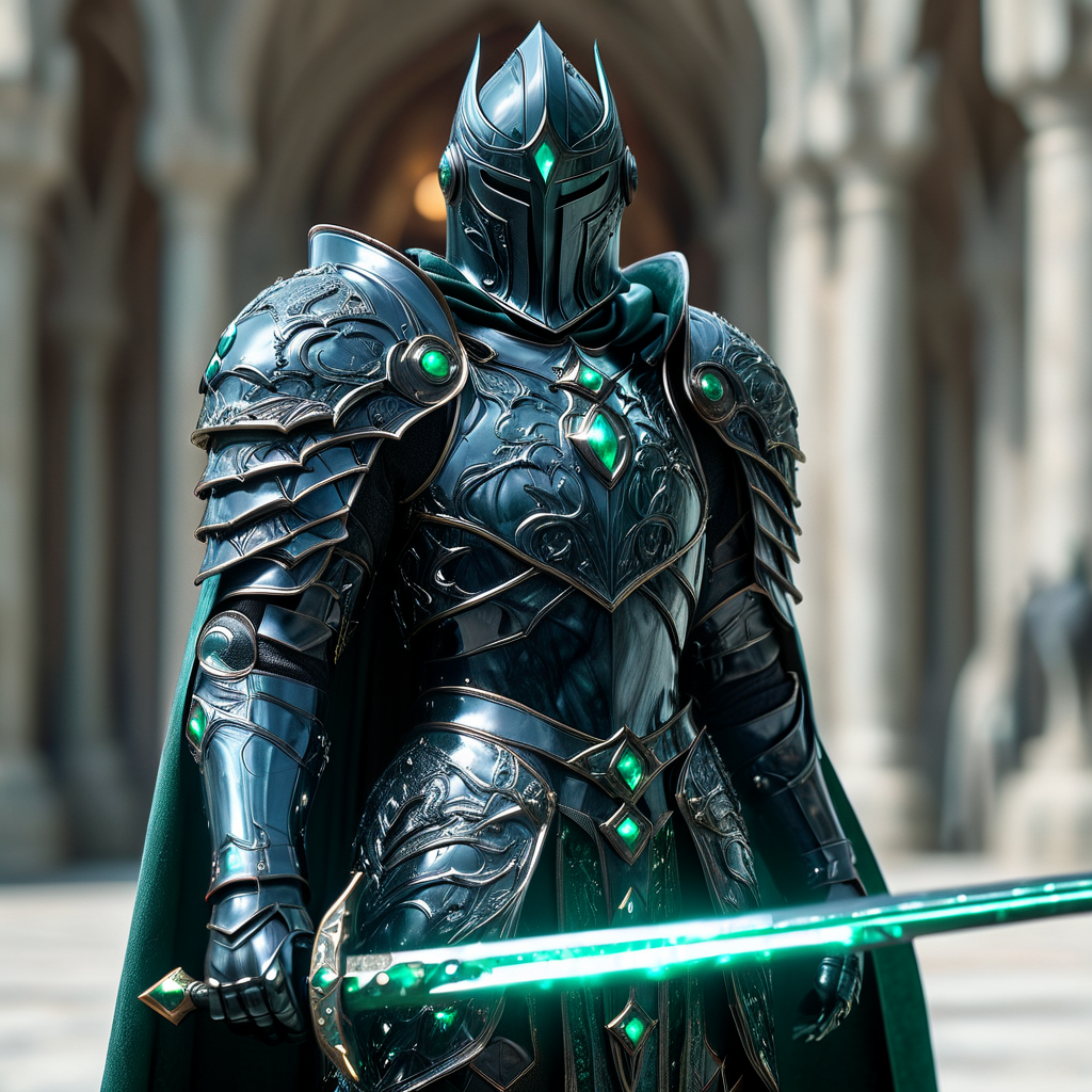 Close up shot of a beautiful knight, wearing ObsidianEmerald armor and cape, holding glowing sword infront of him, standing up, castle in background, HKStyle, HD, masterpiece, best quality, hyper detailed, ultra detailed, super realistic