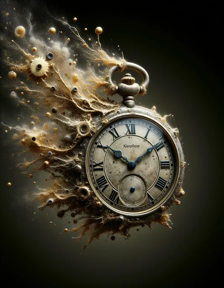 An antique pocket watch suspended in mid-air, captured in a ral-dissolve effect as its outer casing begins to break apart into intricate gears, springs, and tiny golden particles. The mechanical fragments spiral outward like a vortex, glowing softly as they fade into the void. The watch face remains intact for a moment longer, its hands frozen in time, before disintegrating into a cloud of glittering dust. The effect suggests the unstoppable passage of time unraveling itself into eternity.
<lora:ral-dissolve-flux_000005000:1>