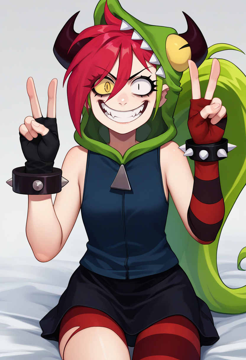 score_9, score_8_up, score_7_up, source_anime, solo, 1girl, demencia, crazy smile, looking at viewer, double v, multicolored hair, red hair, green hair, heterochromia, yellow eyes, mismatched sclera, blue hoodie, sleeveless hoodie, animal hood, horns, red sleeves, detached sleeves, striped sleeves, fingerless gloves, black skirt, red pantyhose, single leg pantyhose, striped pantyhose, spiked bracelet <lora:villainous_demencia_ponyXL-000005:1>