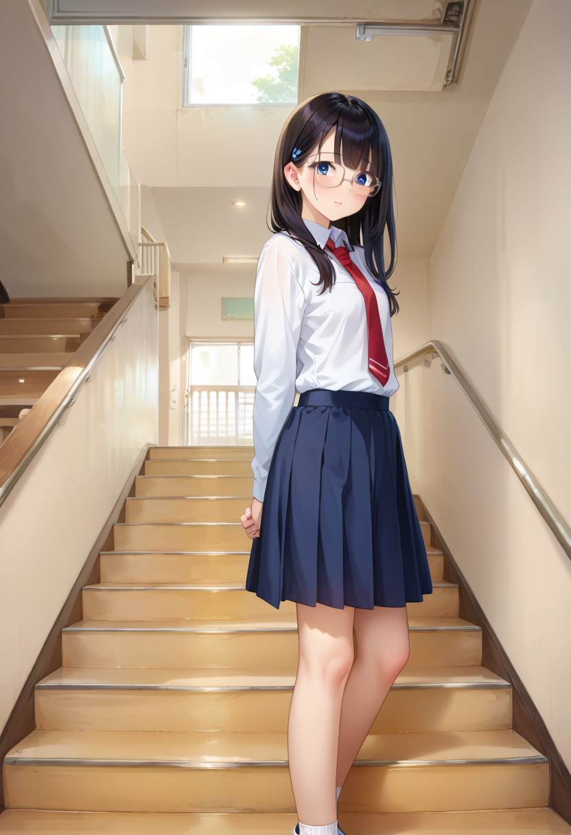 score_9, score_8_up, score_7_up, rating_safe, masterpiece, best quality, absurdres, unity 8k wallpaper, official art, official style, source_anime, uncensored, game cg, megami magazine,
1girl, solo, glasses, black hair, long hair, blue eyes, collared shirt, red necktie, pleated skirt, blue skirt, looking at viewer, blush,
kaidan, stairs, window, indoors, scenery, door, ceiling light, hallway, railing, realistic, photo background, photo (medium)
 <lora:gakkou_kaidan_PONY_V2:1>