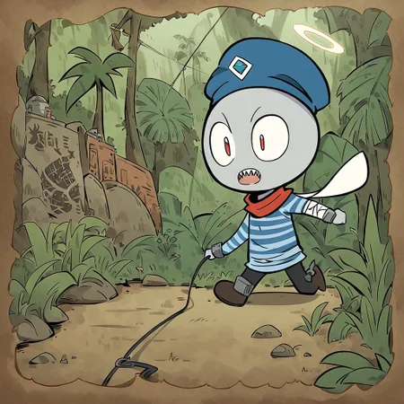 score_9,score_8_up, by Simon Hutt and Fujiko Fujio \(skchkko\), (solo:1.2), 1mutant, Insects humanoid, pale grey skin, Scenery, tired eyes, Red pupils, hidden nose, sharp teeth, Insect antenna, power lines, no humans, Blue Beret Cap, bandage arms, Blue striped simple Sweater Button Up robe, red Scarf, white halo, barbwire collar, shackles on wrist, excited and Screaming, Slightly Side View, Jungle, Artist by Alexis Beaumont and Hiroyuki Imaishi, France hand drawn art, hand drawn illustration, Style of Yoojeong Bae and Fujiko Fujio, Flat 2D Art Style, Thick lineart, Art Style of Wuye Changjie and Hiroyuki Imaishi, digital artwork, Jungsu Lee parody, <lora:Alternative_lora:0.7>,<lora:TakeichiAbarayaArtistStyle_v10:0.2>, <lora:AlexisBeaumont-10:0.8>, <lora:SilviaDeVenturaArtist-19:0.2>, <lora:LewisTrondheimXLP_Style:1>, <lora:Kim_Pong_PongV2:0.9>, <lora: Powerpuff_Girls-XL:1>, <lora:Mutafukaz-000044:0.8>