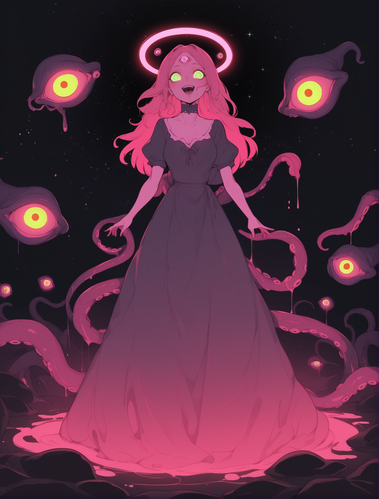 score_9, score_8_up, score_7_up, source_anime BREAK  (1girl),shizoeyes,glowing, green eyes, scifi dress, liquid , ((extra eyes)),  maiden , dynamic, halo, meat girl, black background, thic outline, starry sky, stars, glitters, meat, tentacles, cel shading, pink theme, neon, astract, <lora:eyes:0.95>