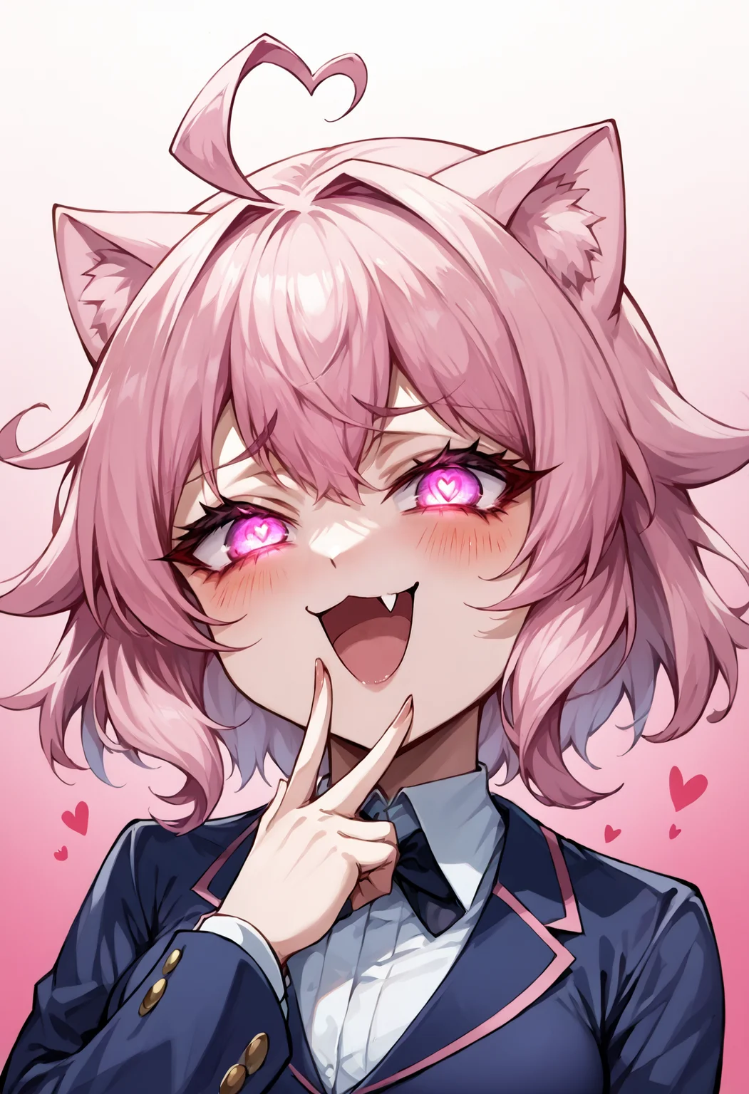 score_9, score_7_up, source_anime, uncensored, zPDXLxxx, <lora:intricate_details:1> intricate_details_xl, gradient background, armor multicolored background, perspective
1girl, solo, adult, pink hair, quin tails, medium hair, single hair intake, heart ahoge, crazy eyes, glowing eyes, cat eyes, looking at viewer, Blazer, <lora:Mesugaki_Concept_v1.1:1> mesugaki, smug, skin fang, hand to own mouth