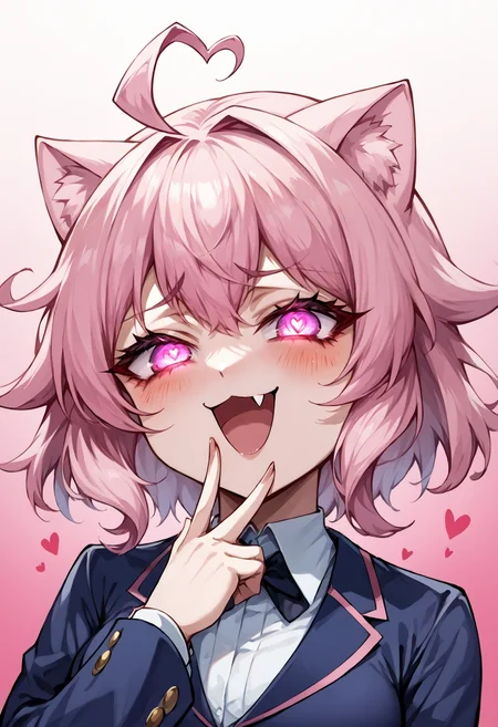 score_9, score_7_up, source_anime, uncensored, zPDXLxxx, <lora:intricate_details:1> intricate_details_xl, gradient background, armor multicolored background, perspective
1girl, solo, adult, pink hair, quin tails, medium hair, single hair intake, heart ahoge, crazy eyes, glowing eyes, cat eyes, looking at viewer, Blazer, <lora:Mesugaki_Concept_v1.1:1> mesugaki, smug, skin fang, hand to own mouth