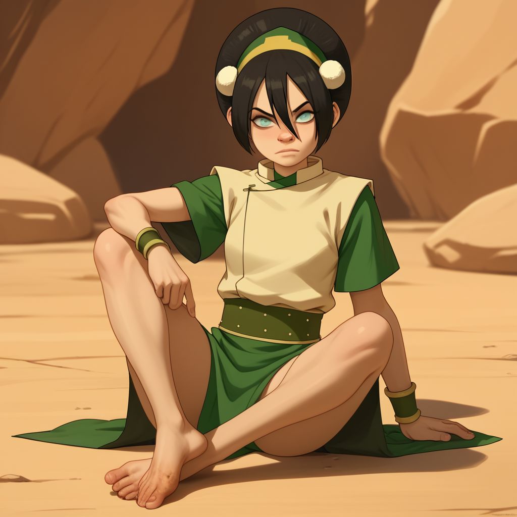 score_9, score_8_up, score_7_up, score_6_up, score_5_up, score_4_up, rating_explicit, 1girl, Toph, blind, sitting on the ground, barefoot, dirty feet, rocky terrain