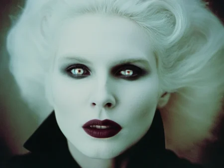analog film photo of  <lora:Female Vampire 2:1.2>
Female Vampire a pale ice cold skin vampire woman with white hair and a white face and reflective eyes  in year 1897, faded film, desaturated, 35mm photo, grainy, vignette, vintage, Kodachrome, Lomography, stained, highly detailed, found footage