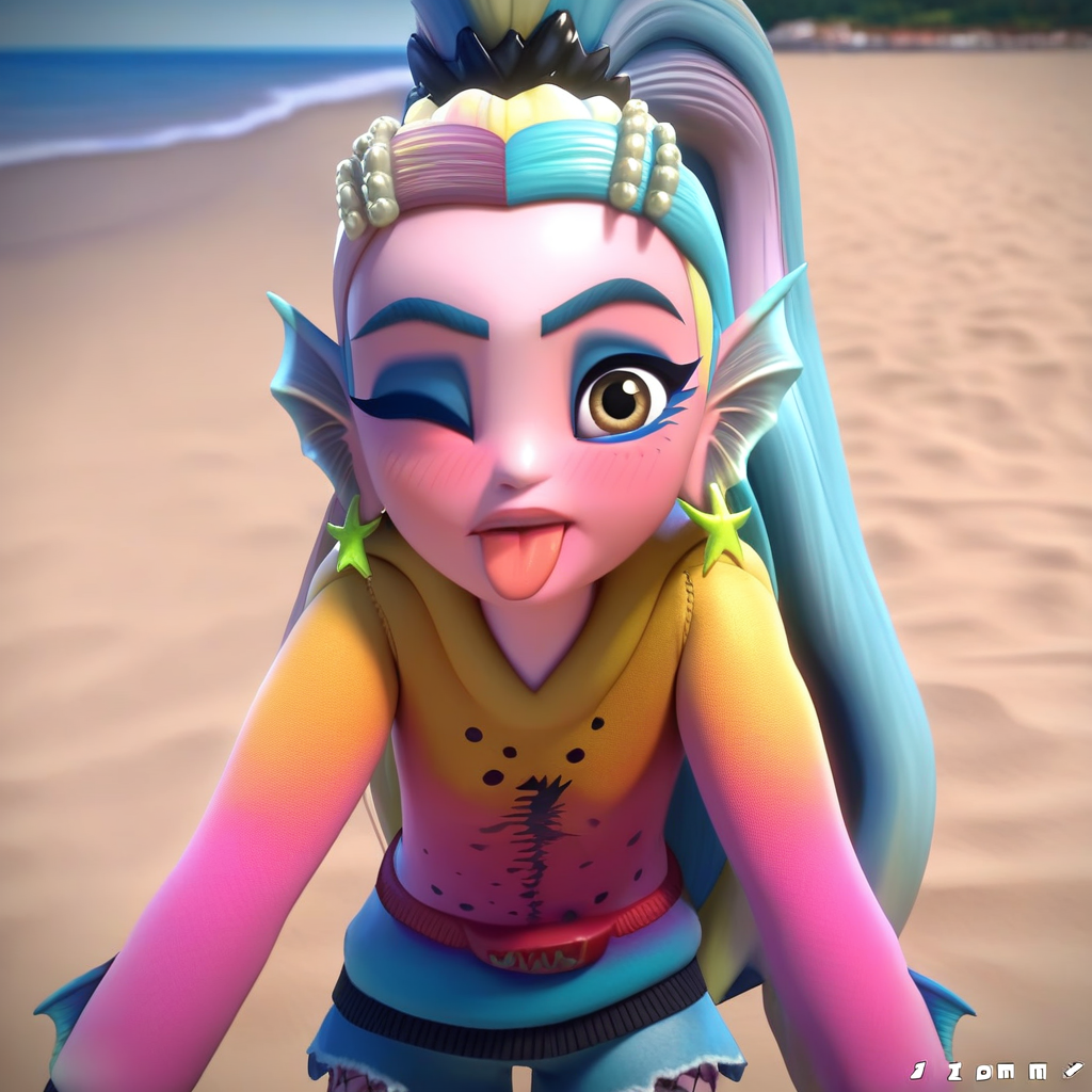score_9, solo, lagoona_b, 1girl, long hair, ponytail, multicolored hair, eyeshadow, head fins, earrings, shorts, one eye closed, tongue, looking at viewer, blush, beach