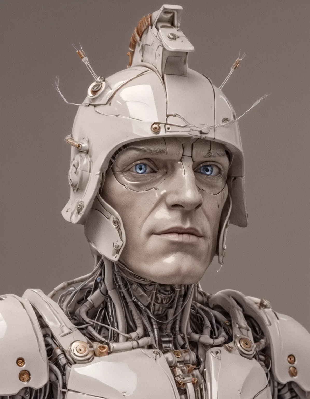 he gladiator,helmet, liquid illumination, charming light,transparent porcelain, robot, synthetic, hyperrealistic,anatomical,cable electric wires,microchip,elegant,beautiful, (cracked:0.45), (mechanical eyes:1.15),gladiator_style,exterm detailed, detailed background, ,
