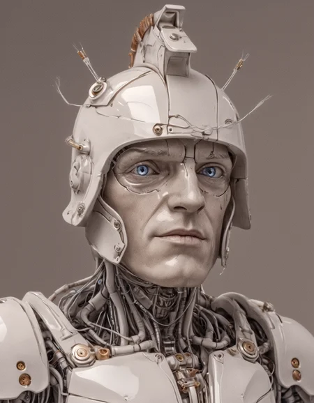 he gladiator,helmet, liquid illumination, charming light,transparent porcelain, robot, synthetic, hyperrealistic,anatomical,cable electric wires,microchip,elegant,beautiful, (cracked:0.45), (mechanical eyes:1.15),gladiator_style,exterm detailed, detailed background, ,