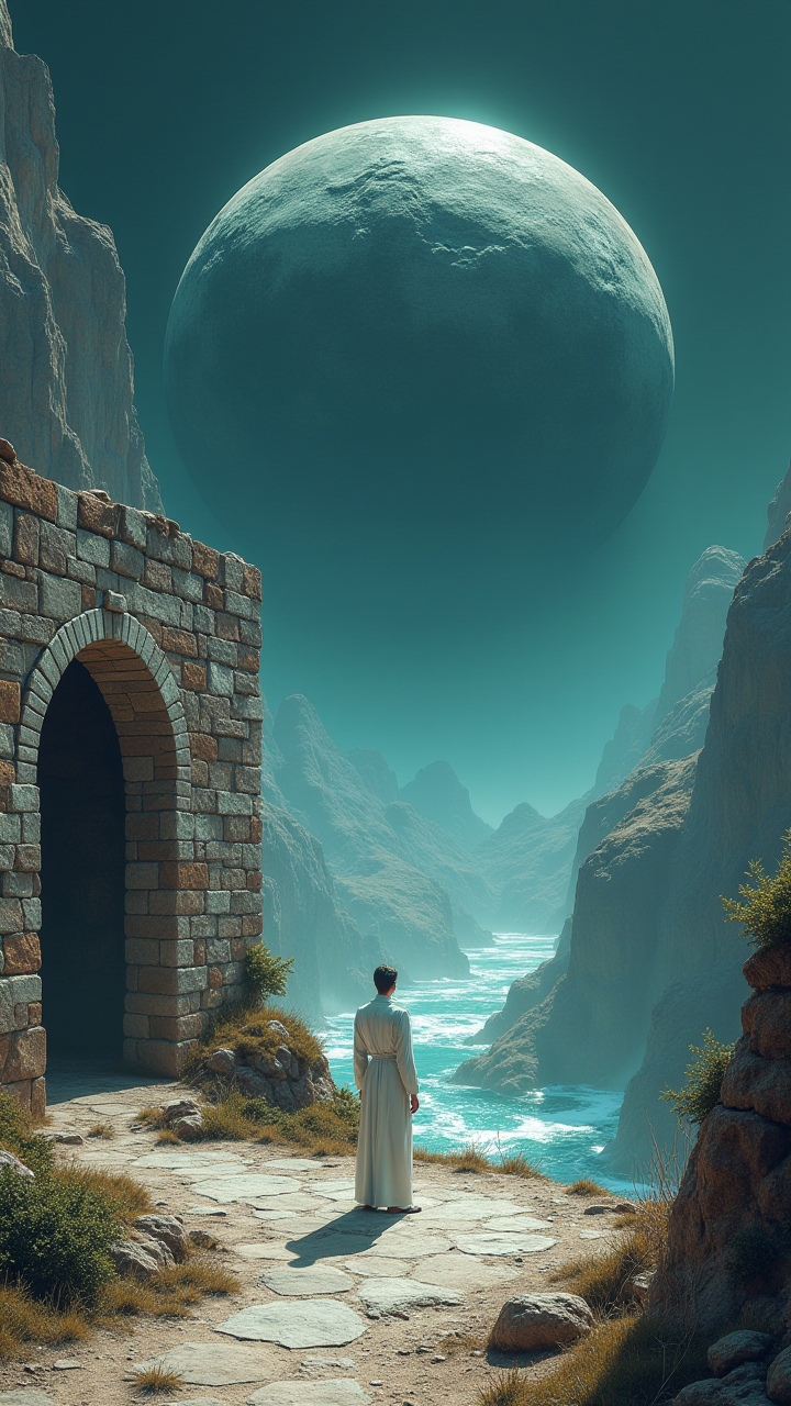 Cursed art in the form of an isometric. Portraying a, In the heart of a surreal landscape, a lone figure dressed in a White and white suit stands before a stone wall. The scene is set against an endless expanse of Aerobraked Ammonia Asteroid, very inspirational, original, highly detail, confident, deep rich colors, fantastic romantic, highly complex