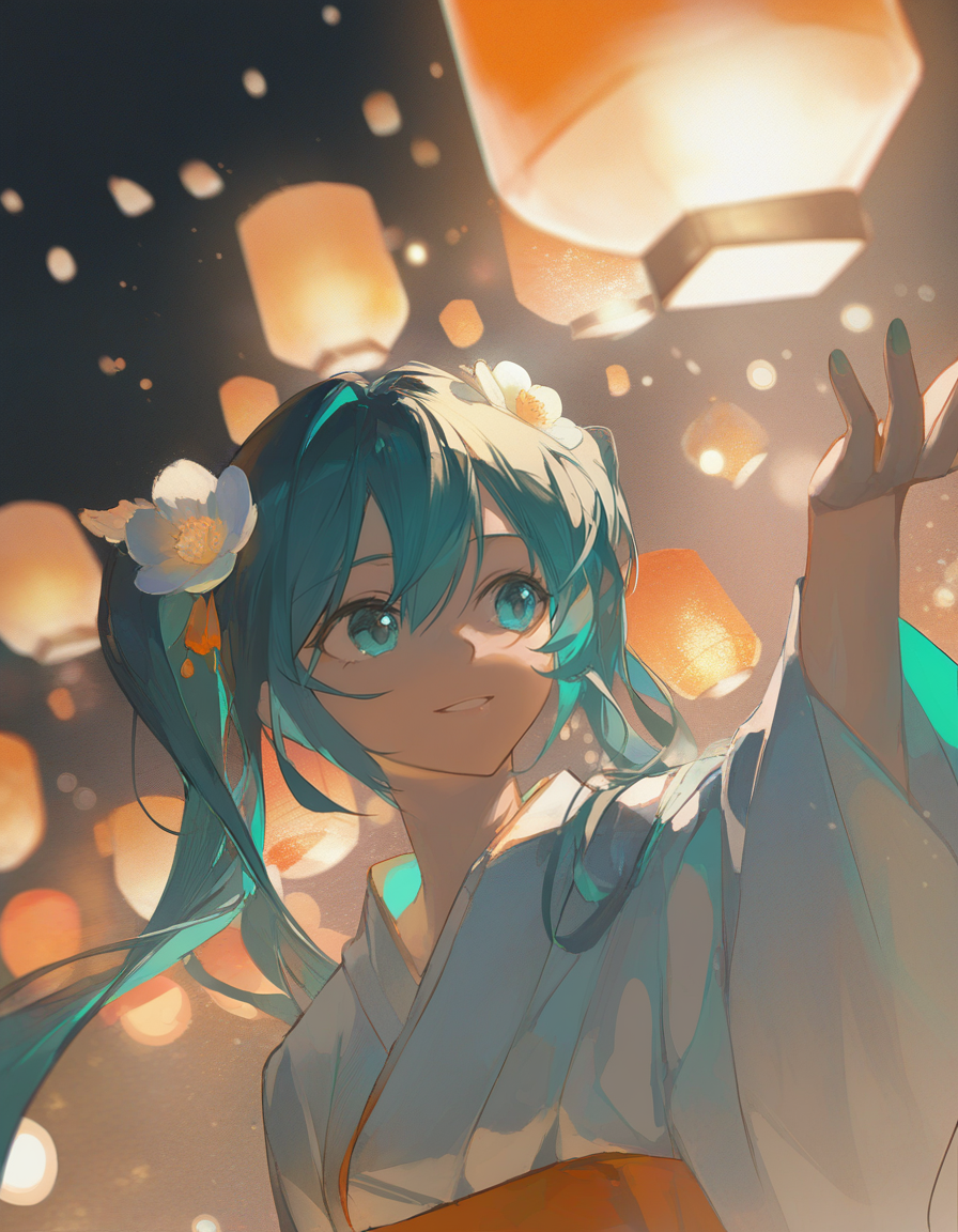 very awa, hatsune miku, (close-up:1.5), upper body, reaching up, night sky, dark, standing, glowing, aqua and white kimono, alternate costume, hair flower, hand up, smile, dutch angle, orange theme, dark theme, sky lantern, looking to the side, bokeh, blurry foreground, paper lantern, [masterpiece:0.15], [best quality:0.15], [newest:0.15], [absurdres:0.15]
 <lora:artist_niukou_kouzi_vpred:1>