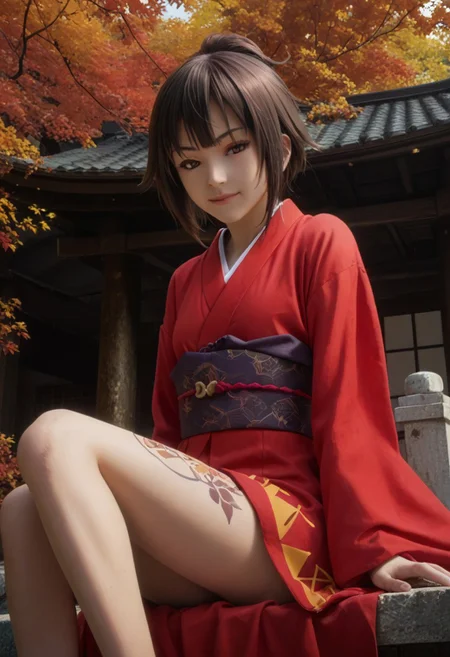 score_9, score_8_up, score_7_up, score_6_up,
1girl, megumin,
kimono, tattoos, Japanese architecture, temple, autumn,
seductive smile, come hither, sitting, holding own legs, cowboy shot, dutch angle,
