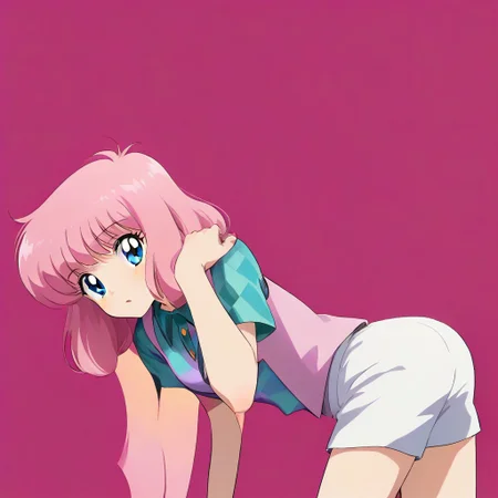 Nakajima Noriko, pink hair with bangs, blue eye, wearing a pink vest over a blue-green checkered shirt, white shorts,,