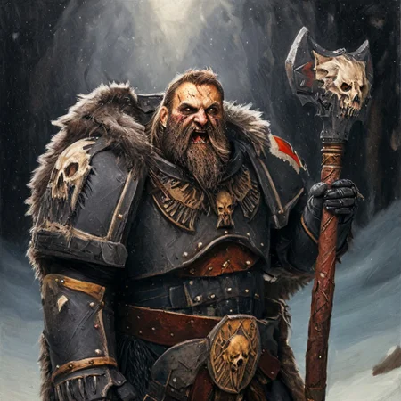 Space wolf warrior, wolf priest, chaplain, skull helmet, wolf skull helmet, wolf skull has a long snout that extends to the helmet mouth vent, the skull has fangs and glowing eyes, warrior with beard is in winter landscape, he is a werewolf space marine,  he as heavy scars, he has his huge runic hammer in his hands, portrait style, viking, norse, beard, clad in ripped furs and pieces of old worn space wolf armor, Black over black, top light, masterful painting in the style of Anders Zorn | Marco Mazzoni | Yuri Ivanovich, Todd McFarlane, oil on canvas
<lora:add-detail-xl:1> <lora:MJ52:0.5>