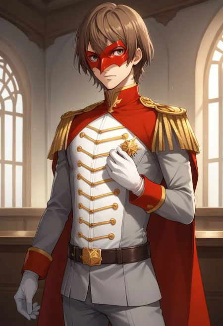 score_9, score_8_up, source_anime, highly detailed, 1boy, solo, male_focus, slender, skinny,
goro, 1boy, male focus, solo, gloves, brown hair, mask, epaulettes, white gloves,
cape, upper body, belt, uniform, pants, grey pants,
inside, stand,