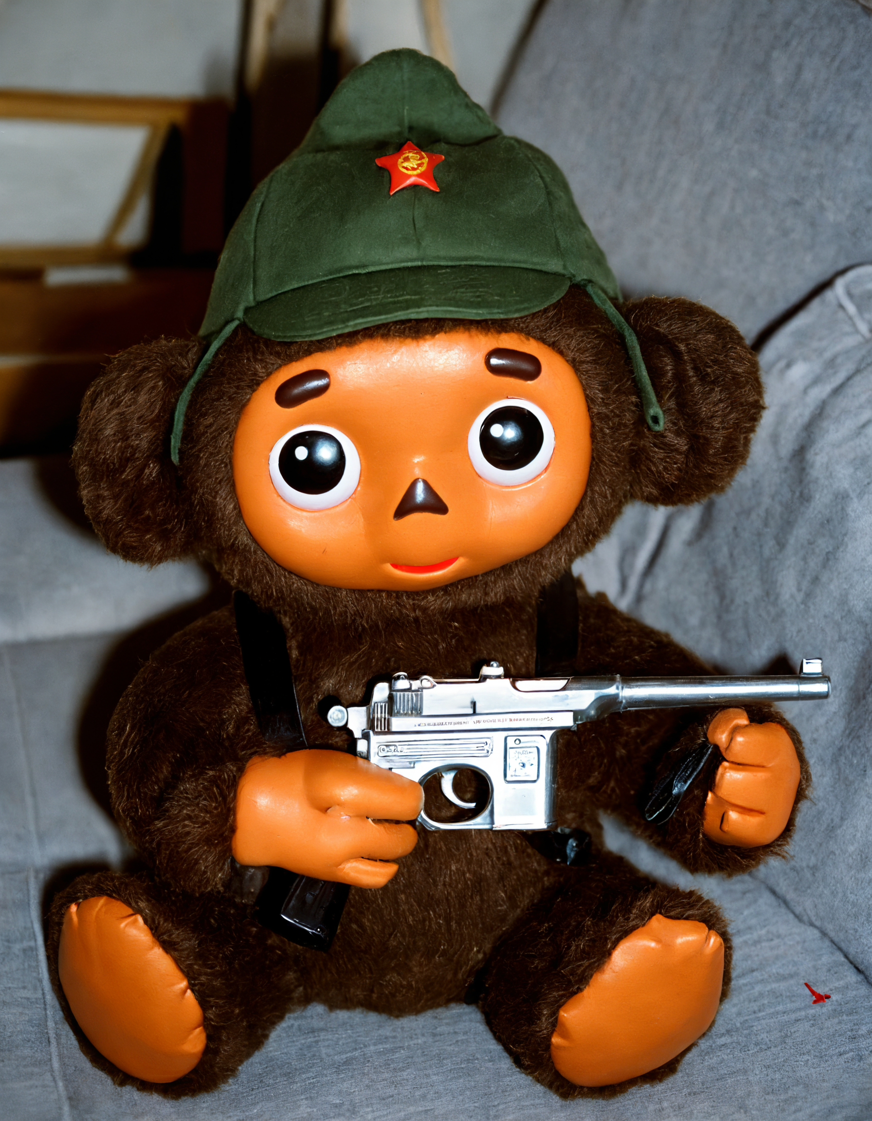 Soviet era, budenovka hat, Big plush toy Cheburashka wearing in budenovka, holding a pistol Mauser-C96 in his right hand