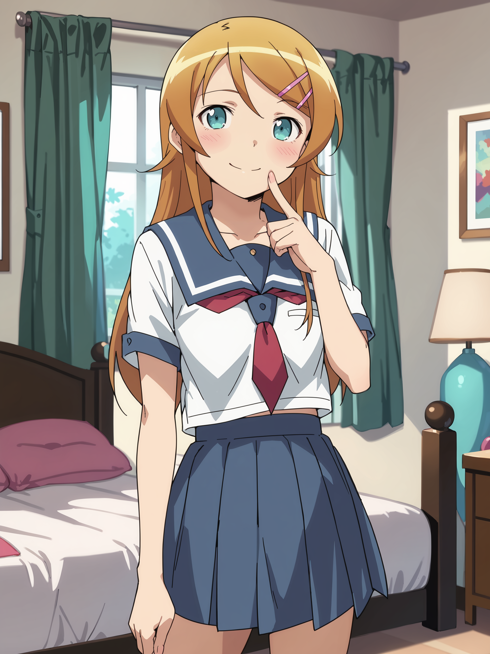 score_9, score_8_up, score_7_up, source_anime, ray tracing, best quality, anime screenshot, anime coloring,  <lora:Char-Kousaka_Kirino-V1-Pony:0.9:hr=0.6>, 1girl, kousaka kirino, hair clip, solo, serafuku, blue pleated skirt, red neckerchief, looking at viewer, seductive smile, ecstasy, gasping, finger to cheek, standing, cowboy shot, bedroom, indoors, blurry background