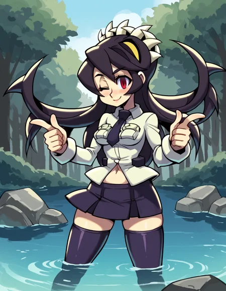 score_9, score_8_up, score_7_up, source_anime, <lora:skullgirls-filia-ingame-ponyxl-lora-nochekaiser:1>, filia, long hair, black hair, red eyes, prehensile hair, extra mouth, skirt, thighhighs, navel, school uniform, necktie, black thighhighs, miniskirt, zettai ryouiki,, stream, water, rocks, flow, forest, , <lora:double-finger-gun-ponyxl-lora-nochekaiser:1>, double finger gun,, blush, smile, one eye closed, from side, looking at viewer, solo,, dutch angle, cowboy shot
