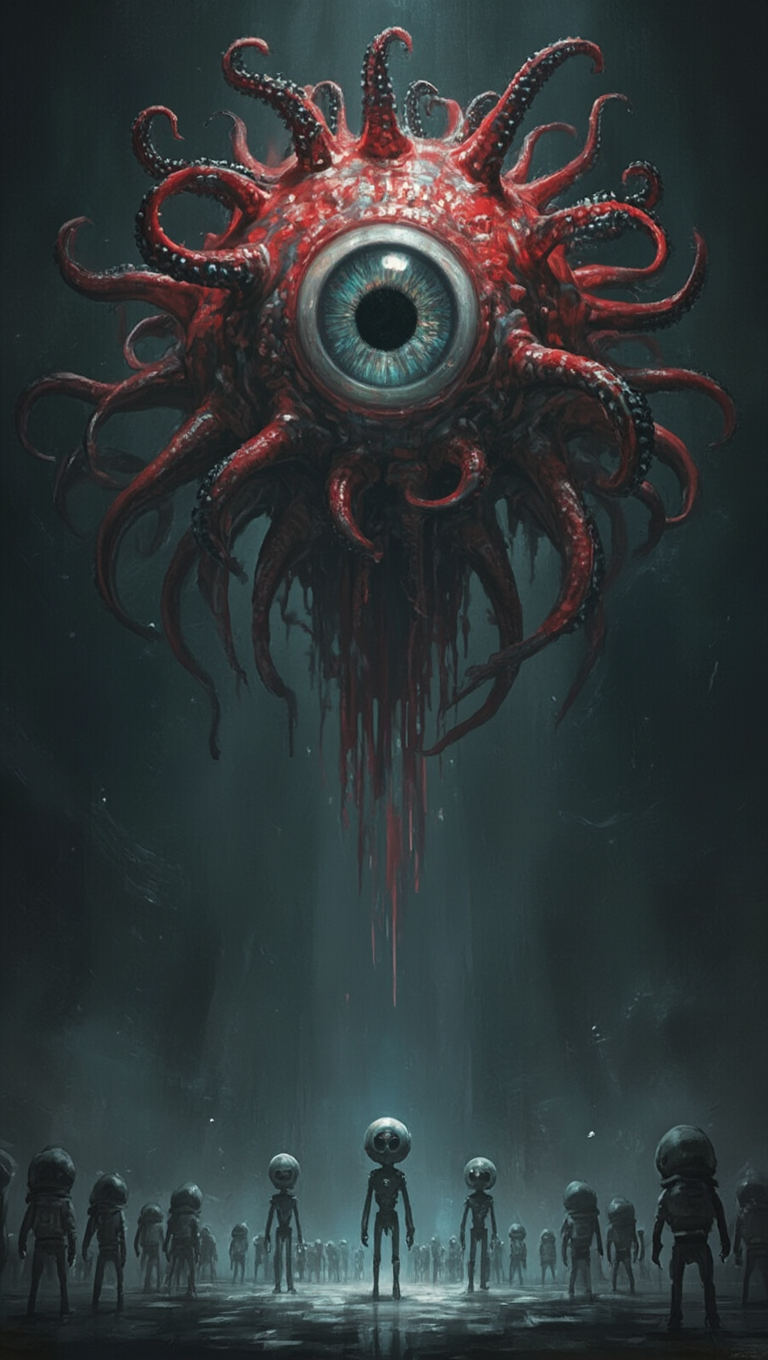 A dark fantasy illustration of an enormous biological creature floating in the center of the composition, its shape mimicking a human eye but on a vastly disproportionate scale; the creature is detailed with pixelated textures and vibrant red hues that contrast dramatically against the darker, desaturated background; the top half of the eye is surrounded by tentacles adorned with black, iridescent nodules, giving it an eerie, unsettling presence; at the bottom of the image, a collection of small, otherworldly entities resembling miniature robots can be seen, their bodies light-toned and their heads oversized in relation to their bodies; the cool, tinted illumination of the eye casts a deep shadow over the small bots, heightening their diminutive stature in the scene.