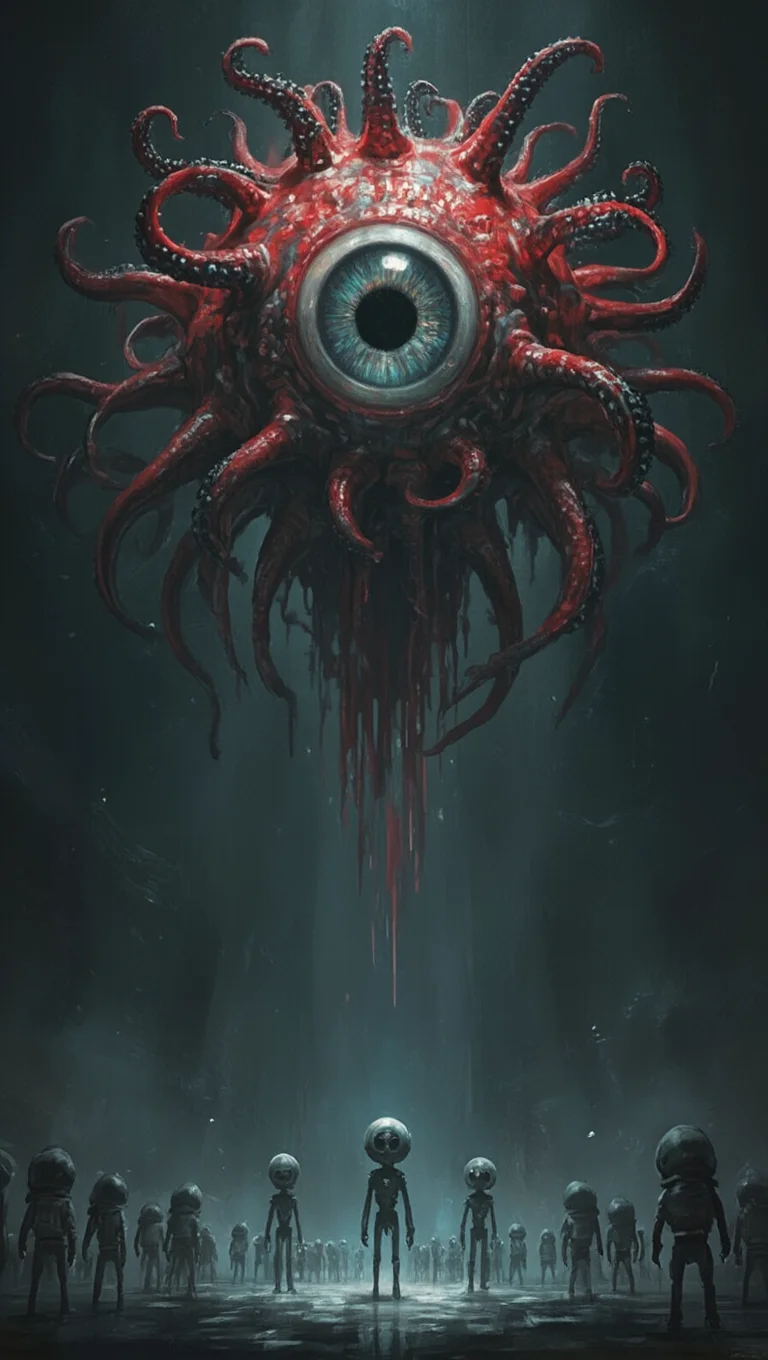 A dark fantasy illustration of an enormous biological creature floating in the center of the composition, its shape mimicking a human eye but on a vastly disproportionate scale; the creature is detailed with pixelated textures and vibrant red hues that contrast dramatically against the darker, desaturated background; the top half of the eye is surrounded by tentacles adorned with black, iridescent nodules, giving it an eerie, unsettling presence; at the bottom of the image, a collection of small, otherworldly entities resembling miniature robots can be seen, their bodies light-toned and their heads oversized in relation to their bodies; the cool, tinted illumination of the eye casts a deep shadow over the small bots, heightening their diminutive stature in the scene.