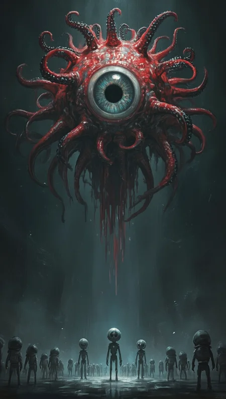A dark fantasy illustration of an enormous biological creature floating in the center of the composition, its shape mimicking a human eye but on a vastly disproportionate scale; the creature is detailed with pixelated textures and vibrant red hues that contrast dramatically against the darker, desaturated background; the top half of the eye is surrounded by tentacles adorned with black, iridescent nodules, giving it an eerie, unsettling presence; at the bottom of the image, a collection of small, otherworldly entities resembling miniature robots can be seen, their bodies light-toned and their heads oversized in relation to their bodies; the cool, tinted illumination of the eye casts a deep shadow over the small bots, heightening their diminutive stature in the scene.
