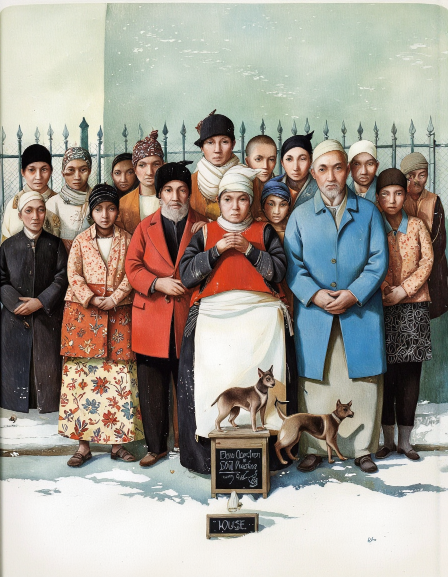 By Rébecca Dautremer. A large group of people standing together in a group, with a fence in the background and a green wall behind them. the image is an illustration from a front view, depicting a group of african american women and men, all of whom appear to be of different ages and ethnicities, standing in a line, facing the viewer with a neutral expression. the women are dressed in traditional clothing, with some wearing headscarves and others wearing scarves, and they are arranged in a semi-circle around a small blackboard with a chalkboard sign in front of them. in the center of the group, a woman, presumably a nun, is standing with her hands clasped in prayer, wearing a red apron and a white apron. to her right, a man with a beard and a blue coat is standing, holding a small dog, standing with his arms crossed, looking at the viewer. to his left, a few men, including a man in a red coat and a woman in a black headscarf, are standing with their arms around each other's shoulders, while others are standing around them. they are all facing the same direction, with their faces looking directly at the camera. the background features a fence, and the ground is covered in a layer of snow, giving the image a wintery feel. the overall style is reminiscent of traditional african art, with bold lines and vibrant colors that bring the scene to life.