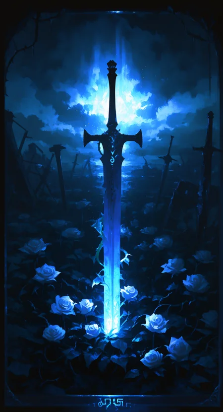 masterpiece, best quality, good quality, very aesthetic, absurdres, newest, flower, weapon, outdoors, sky, cloud, sword, no humans, night, border, rose, leaf, white flower, cloudy sky, plant, scenery, painting \(medium\), vines, white rose, ruins, planted, planted sword, thorns, still life, The sword is engraved with runes,
, Sword surrounded by (light particles:1.2),(flare:1.2)light rays <lora:ponyv5_noobV065S_1_adamW-000013:0.7> <lora:USNR_STYLE_XL_lokr:0.45> <lora:745cmSDXLvpred75S:0.8>