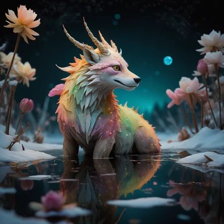 (stylized by Klaus Janson:1.1) and Laurent Baheux and Ando Fuchs, dense pond, (Ionosphere:1.3) , the Draco constellation is Luminescent and Primordial, covered in Colors, masterpiece, Winter, Ultra Detailed, Fearful, Methaphysical painting, Side lighting, Selective focus, Muted Colors, Floral motives, Beige details, unreal engine