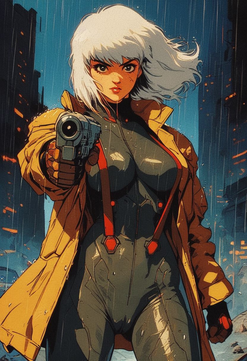 score_9, knva, 1girl, realistic, retro artstyle, detailed gorgeous cute face, looking at viewer, large breasts, wet white hair, bob haircut, rain trench coat, cyberpunk, (wearing skin tight grey camo leggings), [camel-toe], futuristic city in background, wearing suspenders, action stance, wet, in the rain, aiming gun at viewer