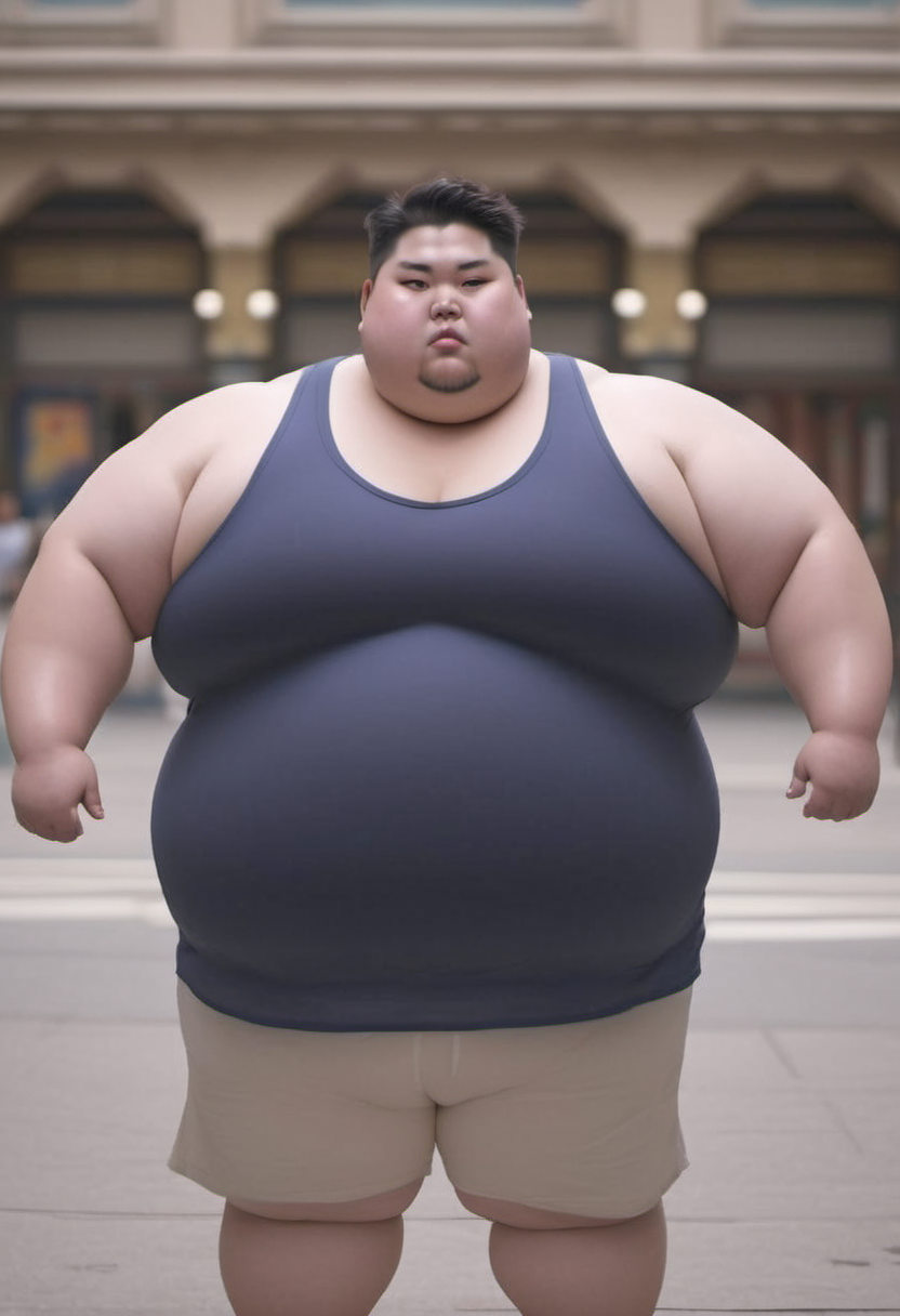 <lora:runga_8.1:0.65>thick arms, fat japanese young man, obese, superchub, male focus, fattest, fat,(navy cotton thin tank top,in city:3.0)