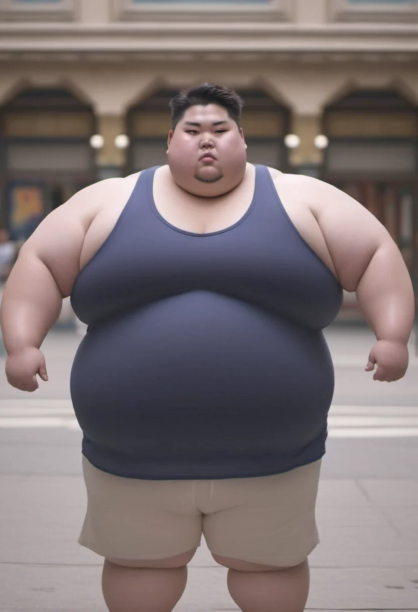 <lora:runga_8.1:0.65>thick arms, fat japanese young man, obese, superchub, male focus, fattest, fat,(navy cotton thin tank top,in city:3.0)