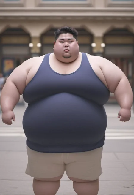 <lora:runga_8.1:0.65>thick arms, fat japanese young man, obese, superchub, male focus, fattest, fat,(navy cotton thin tank top,in city:3.0)