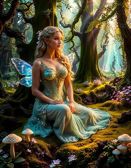 A graceful fairy woman sitting elegantly in front of an enchanted forest,3nch4nt3d f0r3st. She has delicate, shimmering translucent wings that catch the light, creating a soft iridescent glow. Her flowing dress is a pastel pink adorned with intricate floral patterns, appearing almost as if itâs made from petals. Her posture is relaxed yet regal, with one hand gently resting on her lap and the other lightly holding a small glowing orb. Her long, wavy hair cascades down her back in soft golden locks, with small flowers woven into it. Her expression is serene and slightly wistful, with a warm, gentle smile.
The enchanted forest behind her is mystical and vibrant, with towering ancient trees whose twisted branches are illuminated by bioluminescent plants. Soft golden and purple light filters through the dense foliage, giving the scene an otherworldly atmosphere. Tiny glowing fireflies float around her, adding to the magical ambiance. The ground is covered in lush moss and scattered with colorful, luminous mushrooms. The overall lighting is soft and dreamy, with a subtle pink and purple hue blending harmoniously with the fairyâs attire. This scene evokes a feeling of peace, wonder, and enchantment.<lora:SDXLFaeTastic2400:0.4> <lora:extremely_detailed:0.4> extremely detailed, <lora:3nch4nt3d_f0r3st:1>, Masterpiece,best quality,hi res,8k,hi res,8k,award winning,(sharp focus, intricate, highly detailed),