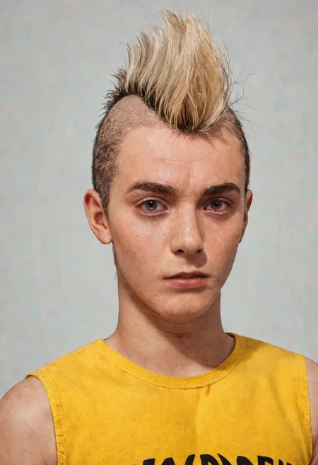 <lora:Meta_Punk:1>, realistic, 1boy, simple background, neutral expression , light skin, blonde hair, , yellow shirt,